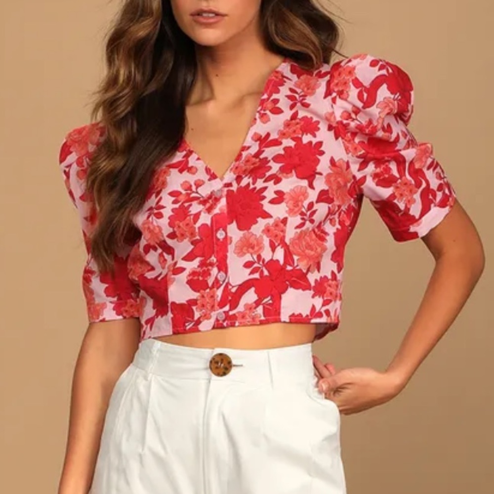 Lulus blush pink and red floral button up crop top